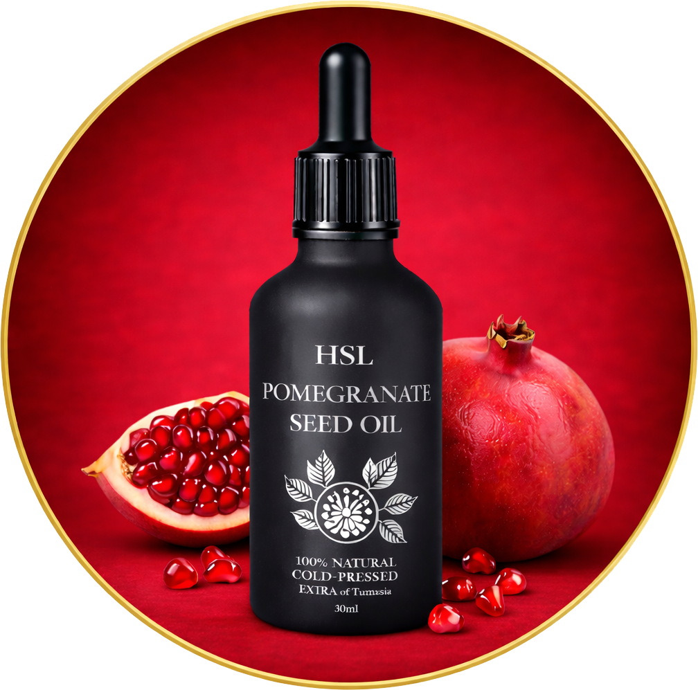 Pomegranate seed oil, extracted from the seeds of the pomegranate fruit, 100% pure, natural, and concentrated, obtained through cold pressing of organic pomegranate seeds.